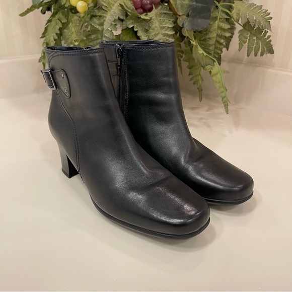 Clarks Black Leather Side Zip Ankle Boots With Buckle Detail - Picture 5 of 16